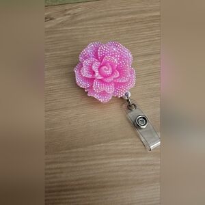 Dark Pink Flower Alligator Clip Badge Holder
